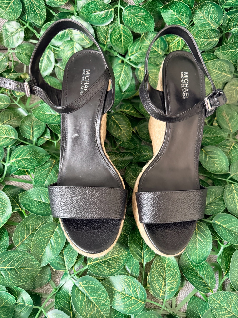 Michael Kors Black Leather Wedge Sandals with Espadrille Sole